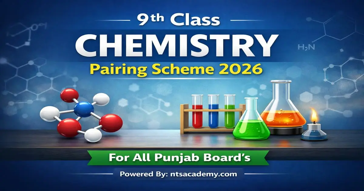 9th Class Chemistry 2026 Pairing Scheme table showing chapter-wise marks and question distribution.