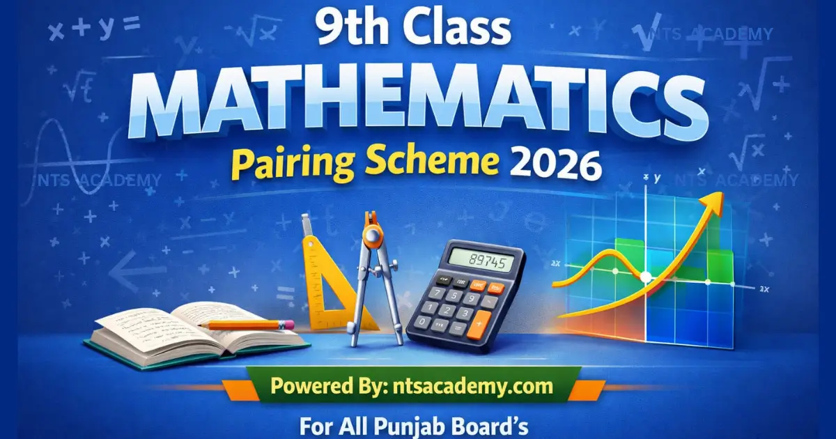 9th Class Math Pairing Scheme 2026 table showing chapter-wise marks and question distribution.